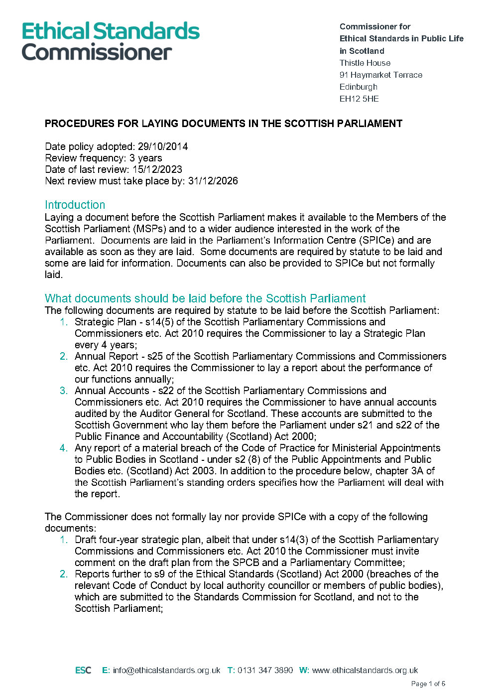 Cover page of ESC Laying Procedures