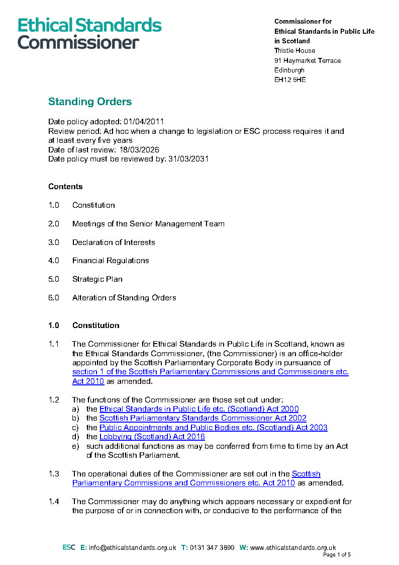 ESC Standing Order - cover page