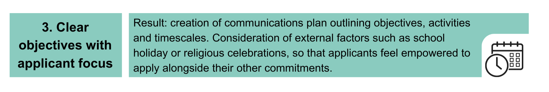 3. Clear objectives with applicant focus. Result: creation of communications plan outlining objectives, activities and timescales. Consideration of external factors such as school holiday or religious celebrations, so that applicants feel empowered to apply alongside their other commitments.