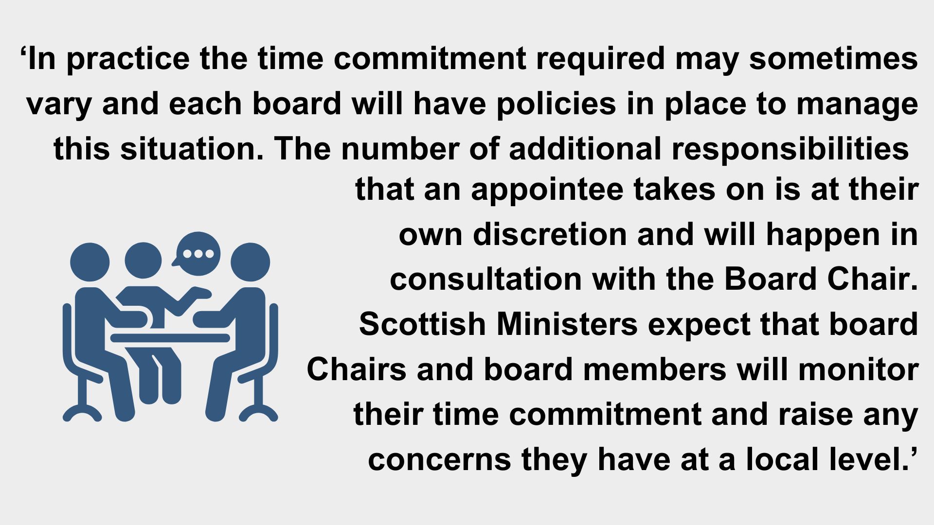 ‘In practice the time commitment required may sometimes vary and each board will have policies in place to manage this situation. The number of additional responsibilities  that an appointee takes on is at their own discretion and will happen in consultation with the Board Chair. Scottish Ministers expect that board Chairs and board members will monitor their time commitment and raise any concerns they have at a local level.’