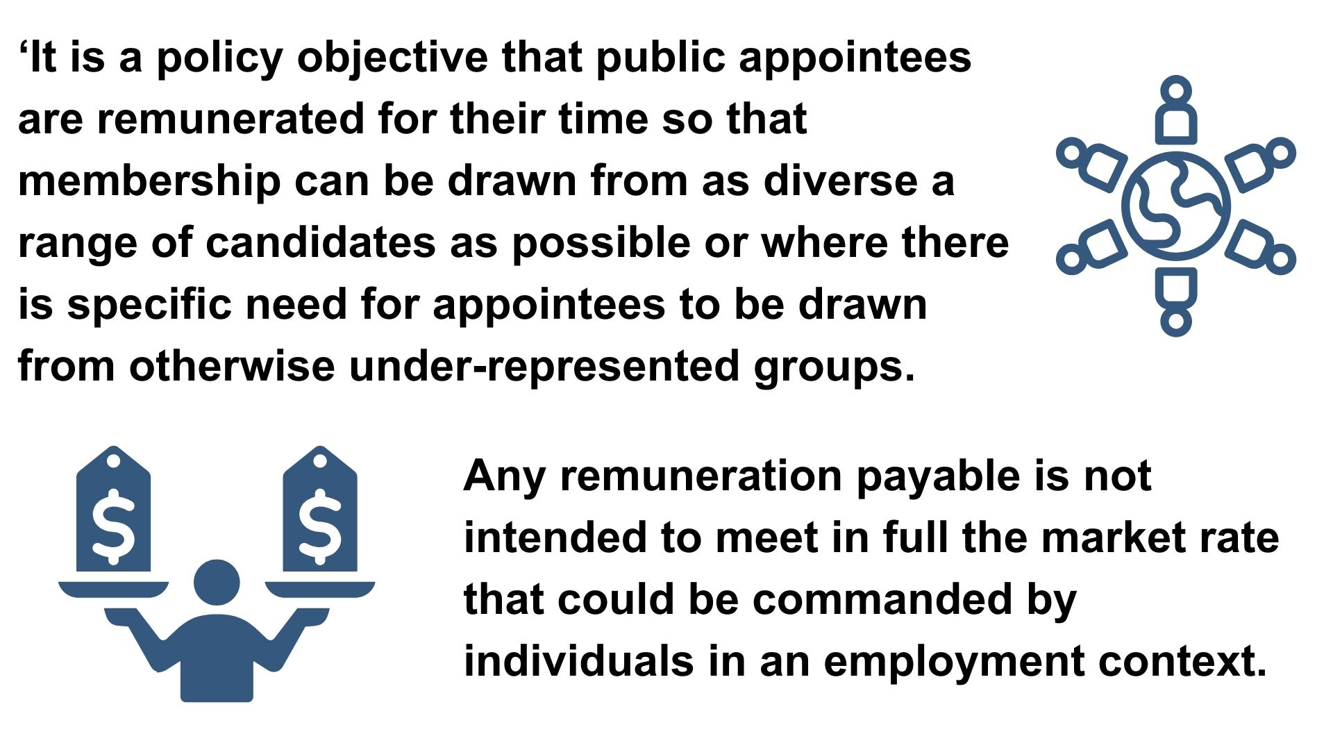 ‘It is a policy objective that public appointees are remunerated for their time so that membership can be drawn from as diverse a range of candidates as possible or where there is specific need for appointees to be drawn from otherwise under-represented groups. Any remuneration payable is not intended to meet in full the market rate that could be commanded by individuals in an employment context.