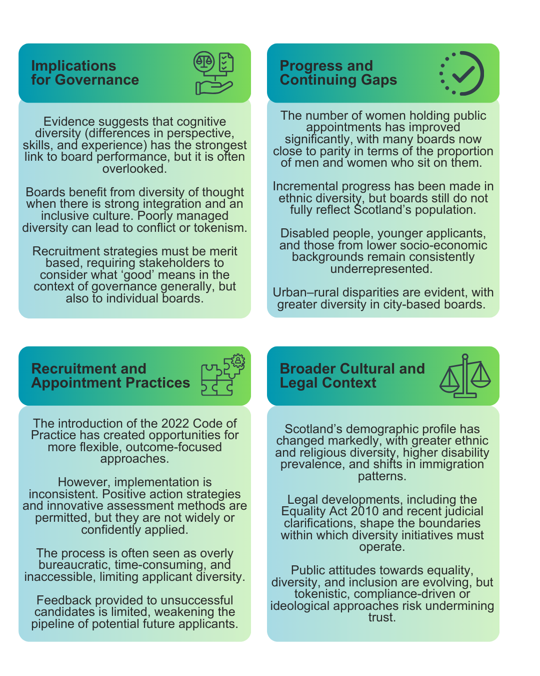 Implications for governance: Evidence suggests that cognitive diversity (differences in perspective, skills, and experience) has the strongest link to board performance, but it is often overlooked. Boards benefit from diversity of thought when there is strong integration and an inclusive culture. Poorly managed diversity can lead to conflict or tokenism. Recruitment strategies must be merit based, requiring stakeholders to consider what ‘good’ means in the context of governance generally, but also to individual boards. Progress and continuing gaps: The number of women holding public appointments has improved significantly, with many boards now close to parity in terms of the proportion of men and women who sit on them. Incremental progress has been made in ethnic diversity, but boards still do not fully reflect Scotland’s population. Disabled people, younger applicants, and those from lower socio-economic backgrounds remain consistently underrepresented. Urban–rural disparities are evident, with greater diversity in city-based boards. Recruitment and Appointment Practices:The introduction of the 2022 Code of Practice has created opportunities for more flexible, outcome-focused approaches. However, implementation is inconsistent. Positive action strategies and innovative assessment methods are permitted, but they are not widely or confidently applied. The process is often seen as overly bureaucratic, time-consuming, and inaccessible, limiting applicant diversity. Feedback provided to unsuccessful candidates is limited, weakening the pipeline of potential future applicants. Broader cultural and legal context: Scotland’s demographic profile has changed markedly, with greater ethnic and religious diversity, higher disability prevalence, and shifts in immigration patterns. Legal developments, including the Equality Act 2010 and recent judicial clarifications, shape the boundaries within which diversity initiatives must operate. Public attitudes towards equality, diversity, and inclusion are evolving, but tokenistic, compliance-driven or ideological approaches risk undermining trust.